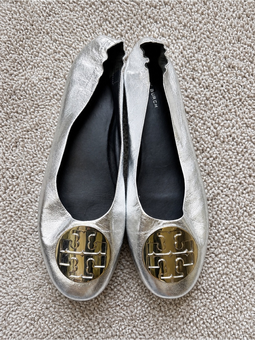 Tory Burch Silver Leather Logo Toe Ballet Flats